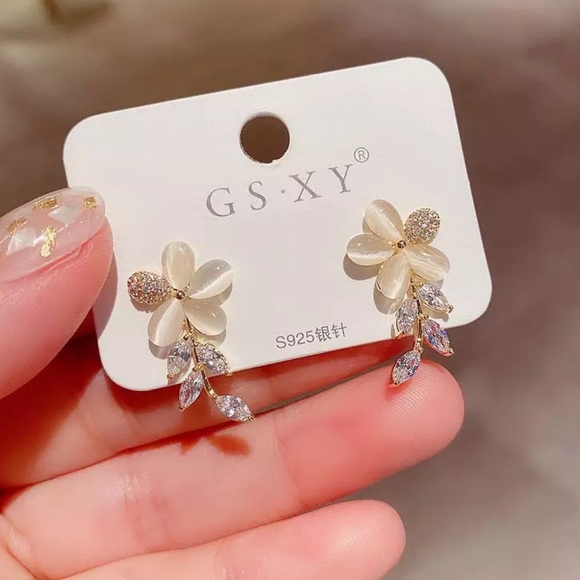 CZ Crystal Flower & Leaf Drop Earrings - Picture 5 of 5